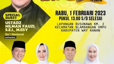 Pengajian Akbar  Gubernur Lampung Dan Ustadz Hilman Fauzi Berhadiah Umroh Di Kabupaten Way Kanan Pada 1 Februari 2023.