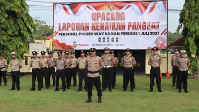Kapolres Way Kanan Pimpin Upacara Laporan Kenaikan Pangkat Periode 1 Juli 2023