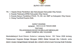 Dampak Abu Vulkanik, Kegiatan Belajar Mengajar di Way Kanan Dialihkan