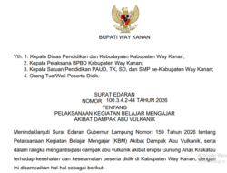 Dampak Abu Vulkanik, Kegiatan Belajar Mengajar di Way Kanan Dialihkan